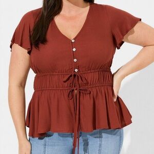 Torrid Plus Size Gauze Waist Detail Flutter Sleeve Top In Madder Brown Size 2